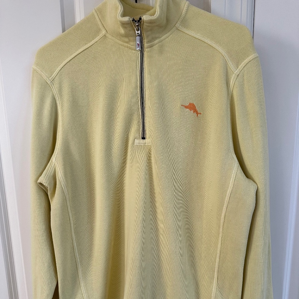 Tommy Bahama men's small, cotton knit, quarter zip pull over, pale yellow